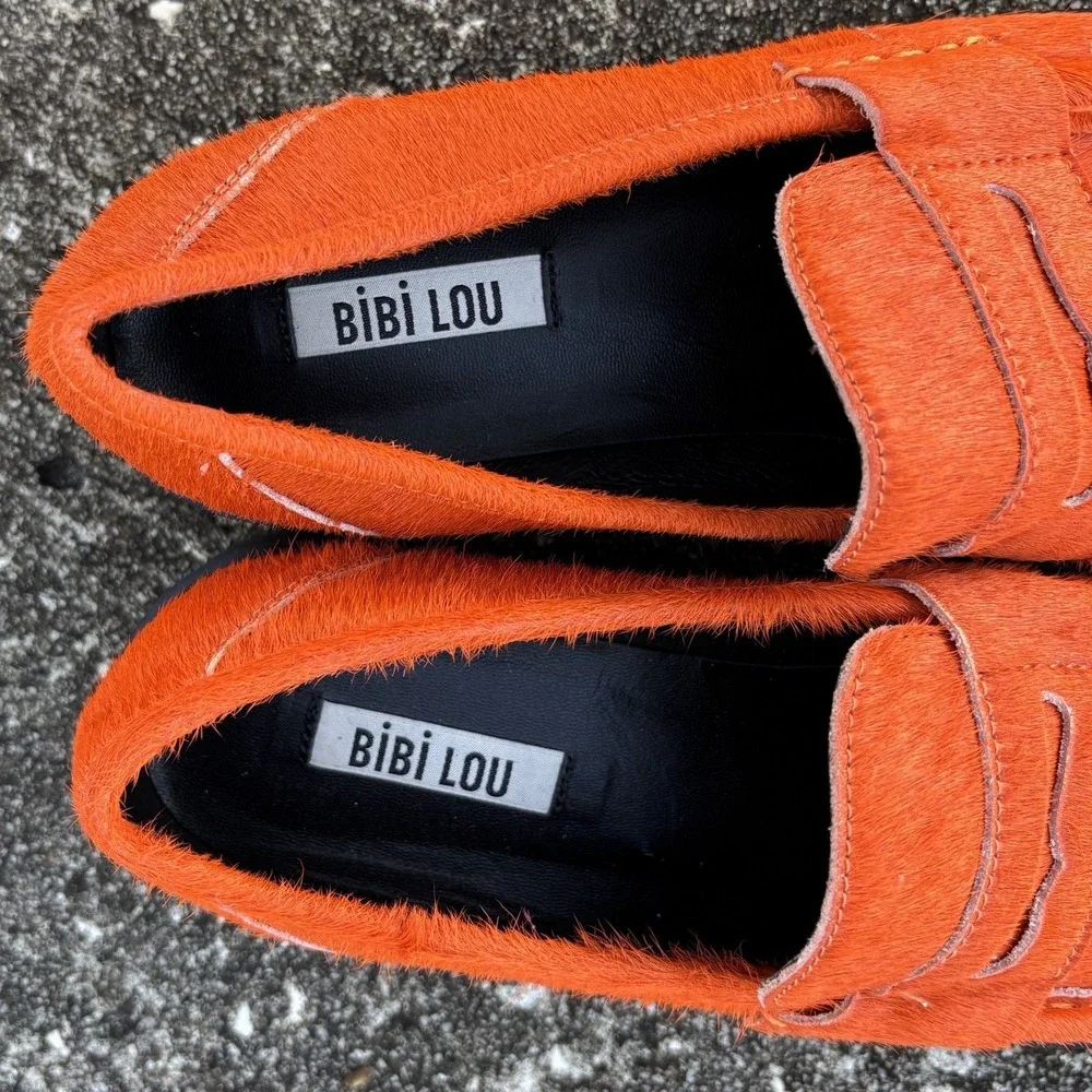 RARE!! Orange Calf Hair Chunky Penny Loafers W7 | 37 Anthropologie Bibi Lou Jaya